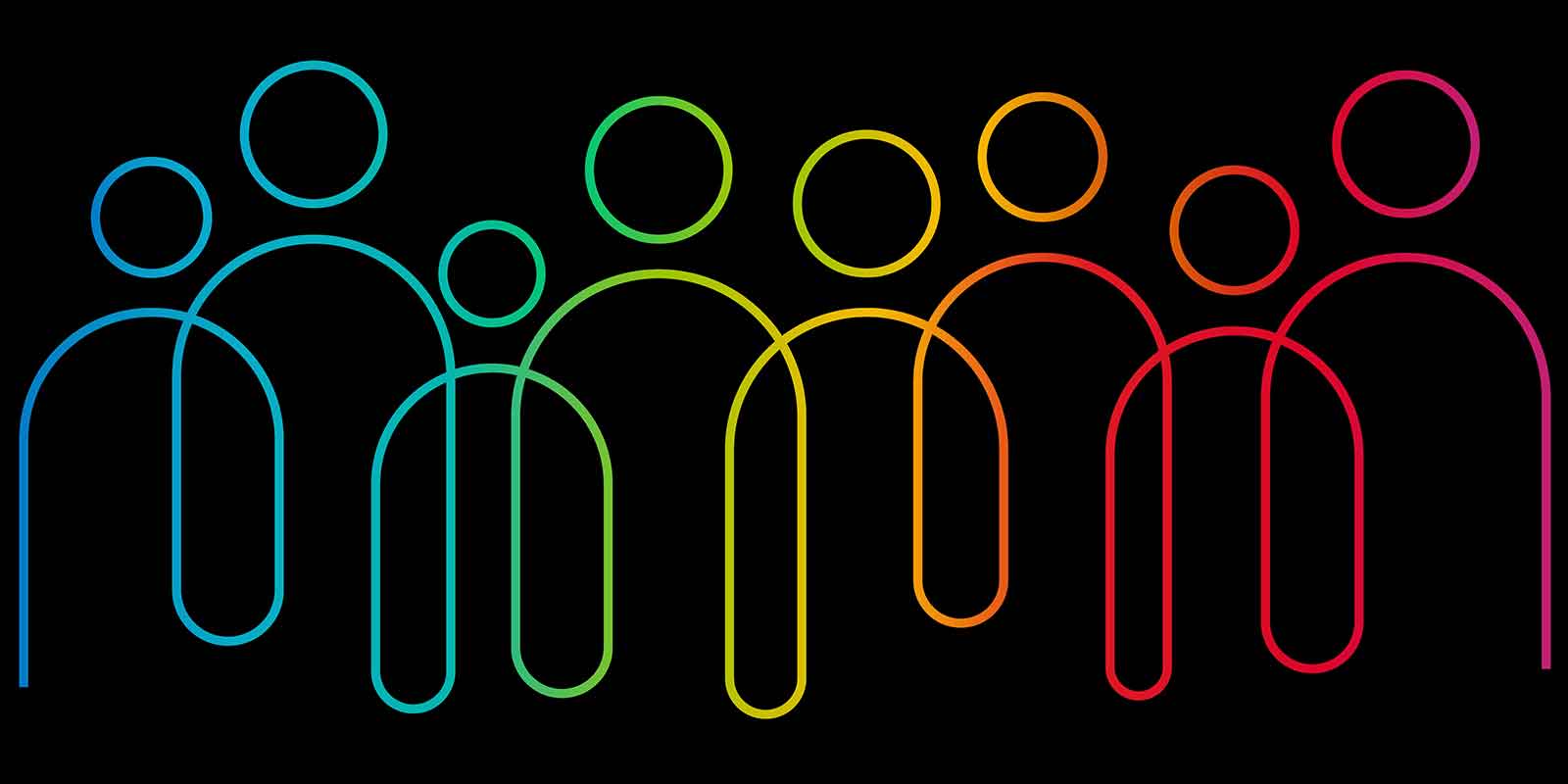 Row of figures with a rainbow gradient overlay